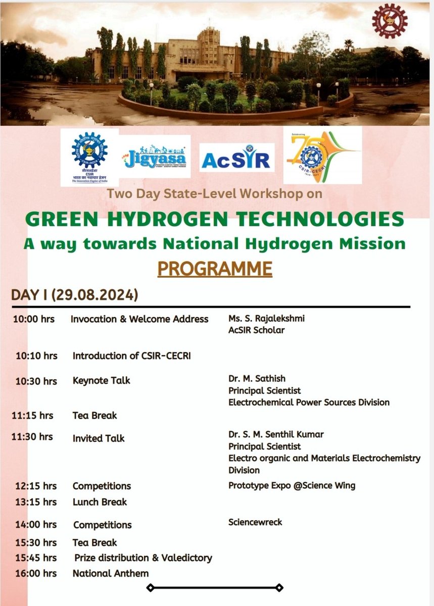 h_pongilath's tweet photo. Two days State level workshop:
Date: 29th & 30th (Thursday & Friday) August 2024 at #CSIR - #CECRI (Central Electrochemical Research Institute), #Karaikudi, #TamilNadu
#workshop
(1/2) https://t.co/f8Kd134yNb