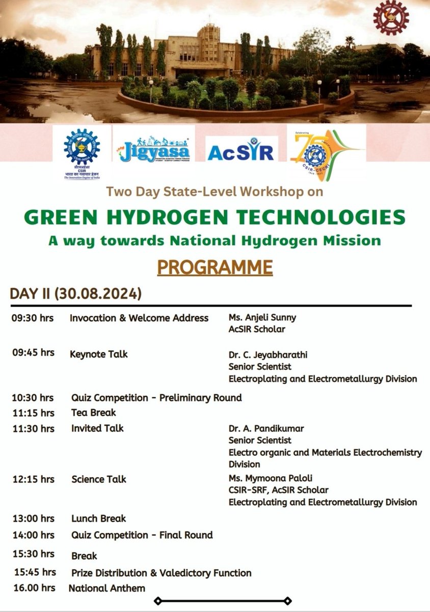 h_pongilath's tweet photo. Two days State level workshop:
Date: 29th & 30th (Thursday & Friday) August 2024 at #CSIR - #CECRI (Central Electrochemical Research Institute), #Karaikudi, #TamilNadu
#workshop
(1/2) https://t.co/f8Kd134yNb