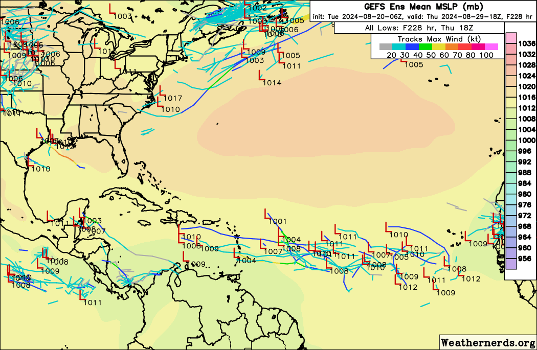 AndyHazelton's tweet photo. Quiet Atlantic today behind #Ernesto, on the proverbial "bell ring" day of 8/20. The next (possible) area to watch is a wave a few days from moving off Africa. Some models try to develop this wave as it interacts with the monsoon trough off Africa. Probably 7-10 days from any potential development, though, and it's not a lock due to dry air and uncertainty about wave structure.