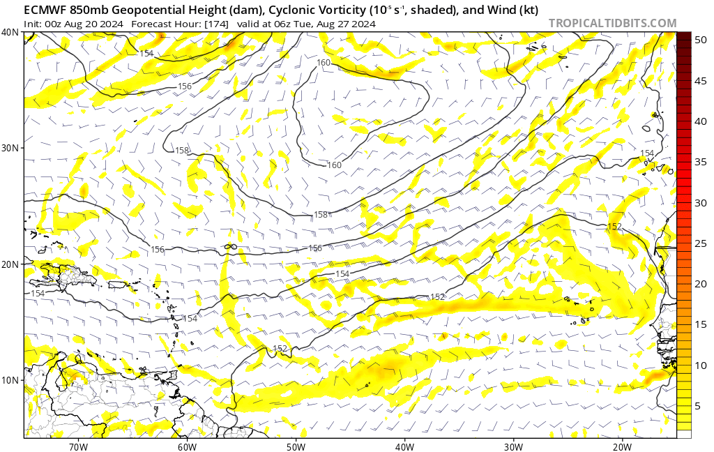 AndyHazelton's tweet photo. Quiet Atlantic today behind #Ernesto, on the proverbial "bell ring" day of 8/20. The next (possible) area to watch is a wave a few days from moving off Africa. Some models try to develop this wave as it interacts with the monsoon trough off Africa. Probably 7-10 days from any potential development, though, and it's not a lock due to dry air and uncertainty about wave structure.