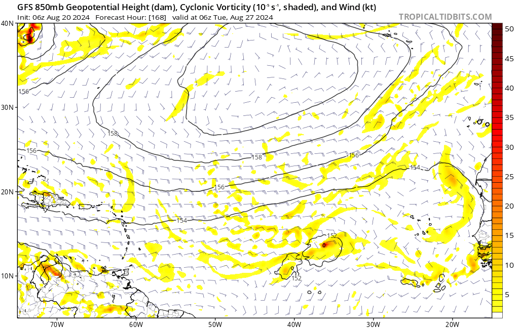 AndyHazelton's tweet photo. Quiet Atlantic today behind #Ernesto, on the proverbial "bell ring" day of 8/20. The next (possible) area to watch is a wave a few days from moving off Africa. Some models try to develop this wave as it interacts with the monsoon trough off Africa. Probably 7-10 days from any potential development, though, and it's not a lock due to dry air and uncertainty about wave structure.