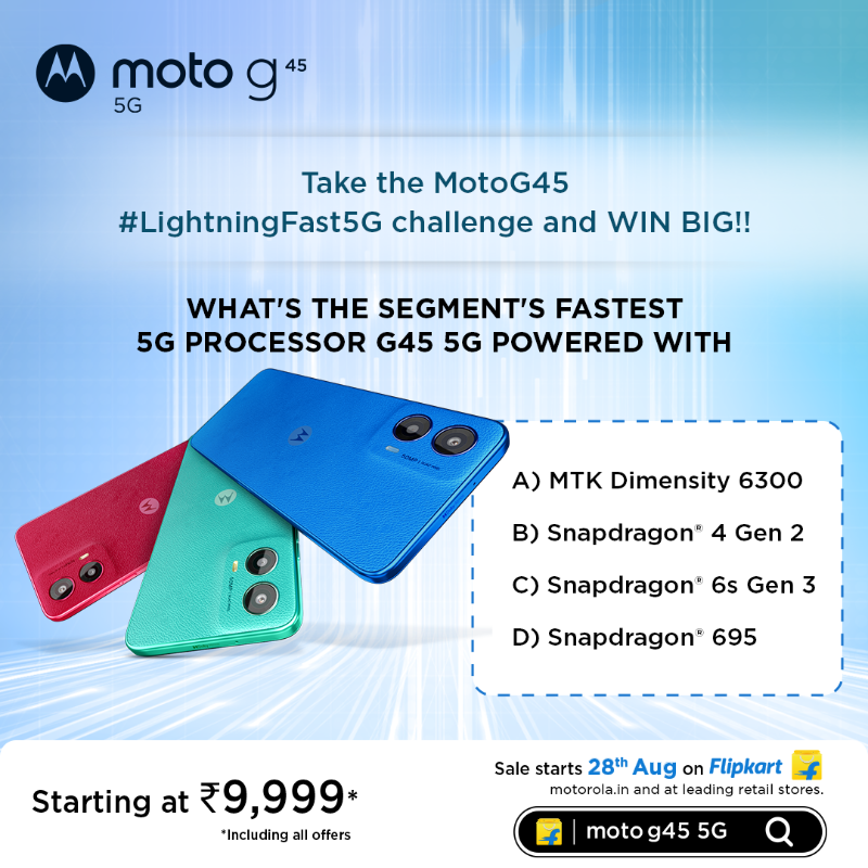 motorolaindia's tweet photo. Test yourself on how well do you know the #MotoG45 5G and stand a chance to win BIG!!
Here’s how to enter to the contest:
1. Comment the right answers
2. Tag 5 people to take this quiz
3. Tag @motorolaindia
T&C : https://t.co/AkLzG9iHzi
#ContestAlert #Giveaway #FastNWow