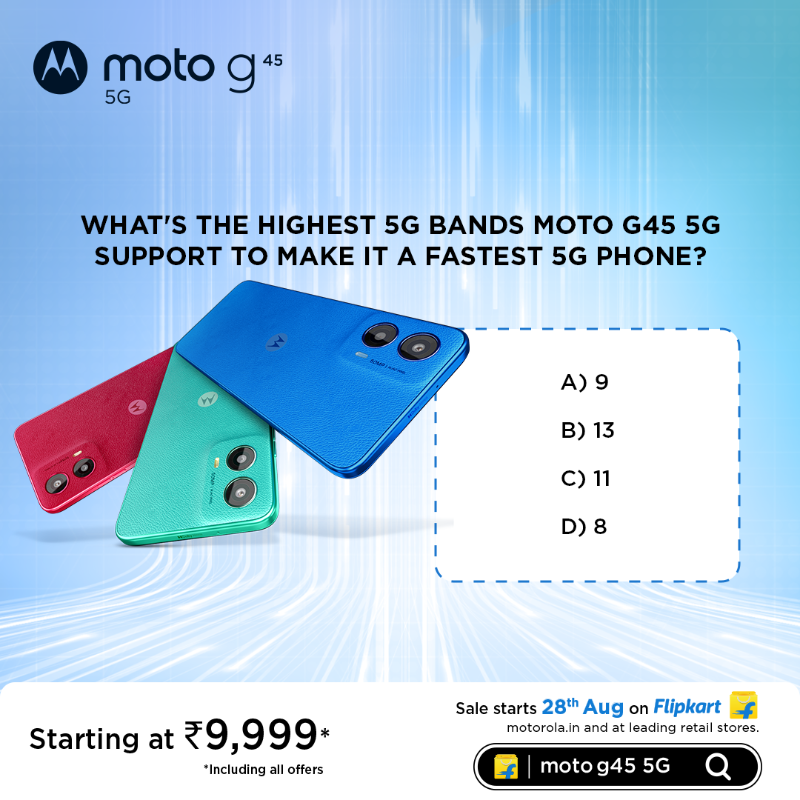 motorolaindia's tweet photo. Test yourself on how well do you know the #MotoG45 5G and stand a chance to win BIG!!
Here’s how to enter to the contest:
1. Comment the right answers
2. Tag 5 people to take this quiz
3. Tag @motorolaindia
T&C : https://t.co/AkLzG9iHzi
#ContestAlert #Giveaway #FastNWow