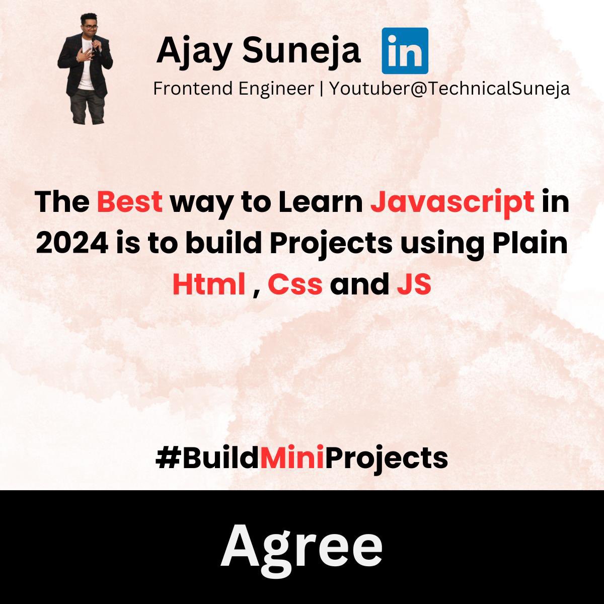 TechnicalSuneja's tweet image. Learn Javascript By Watching Youtube Tutorials ❌
Learn Javascript in 2024 By Building Mini Projects ✅
50 Javascript Projects you can Build in 2024 to Master JS : github.com/bradtraversy/5…
#javascriptmemes #learnbybuilding #debugging #developernightmare #react #nextjs