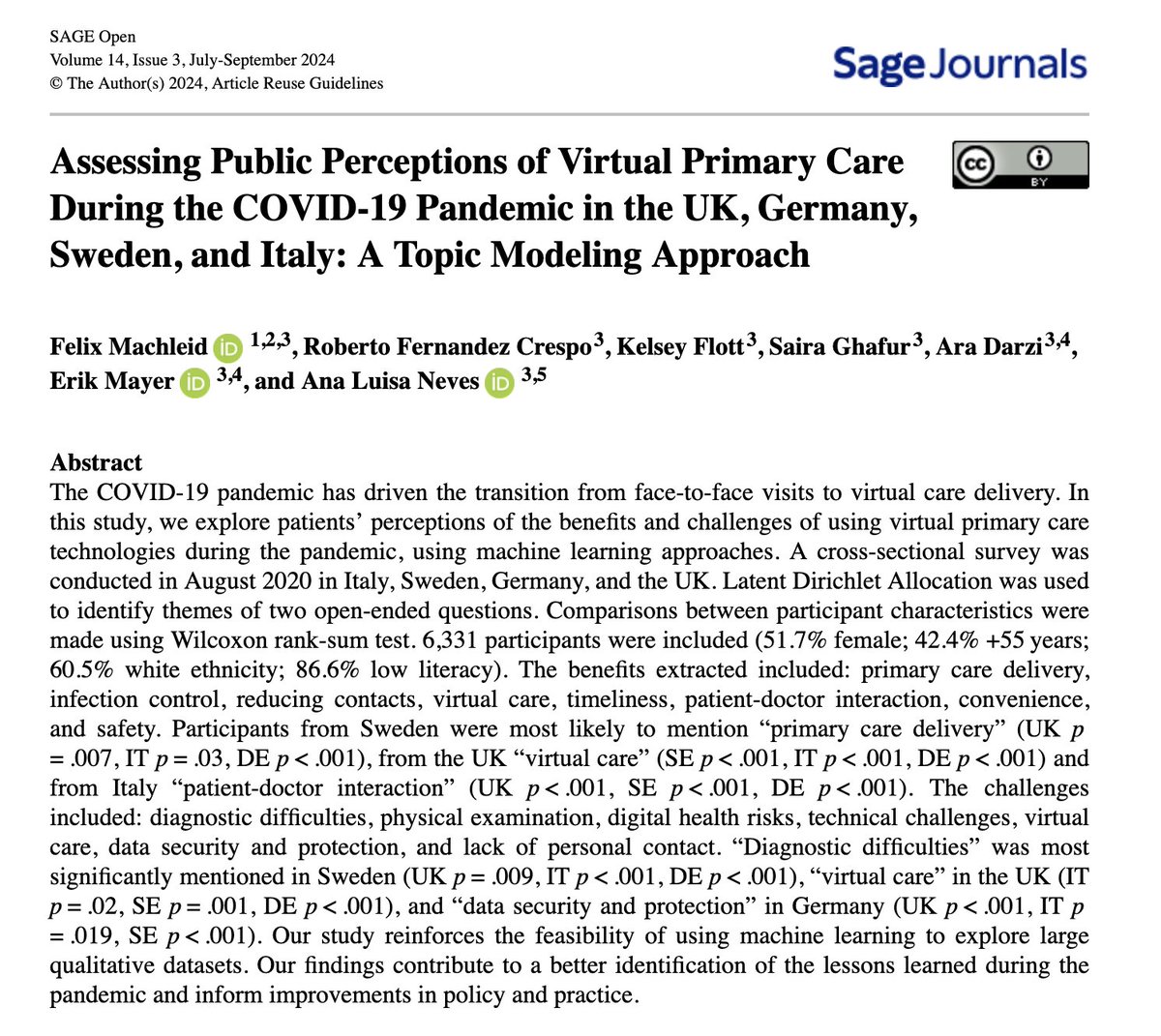 ana_luisa_neves's tweet photo. In our latest paper published in @Sage_Publishing  we use #machinelearning (Latent  Dirichlet Allocation) to uncover key benefits and challenges of using virtual consultations, as perceived by the public. @Imperial_PCPH
Full paper available at: https://t.co/bUQqnTEKws (1/2) https://t.co/Q8PeG0PurK
