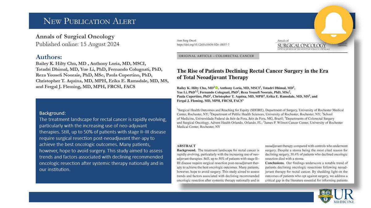 URMC Department of Surgery (@urochestersurg) on Twitter photo New Pub:
Research performed by <a href="/BaileyHilty/">Bailey Hilty Chu</a> and team shows a rising rate of patients declining recommended surgery for rectal cancer
Check out their publication in <a href="/AnnSurgOncol/">Annals of Surgical Oncology</a>
here: ➡️bit.ly/4fTVmiq
@SHOREUrmc <a href="/URMCSurgery/">URMC Surgery Residents</a> @APcupertino <a href="/FergaljFleming/">Fergal Fleming</a> New Pub:
Research performed by <a href="/BaileyHilty/">Bailey Hilty Chu</a> and team shows a rising rate of patients declining recommended surgery for rectal cancer
Check out their publication in <a href="/AnnSurgOncol/">Annals of Surgical Oncology</a>
here: ➡️bit.ly/4fTVmiq
@SHOREUrmc <a href="/URMCSurgery/">URMC Surgery Residents</a> @APcupertino <a href="/FergaljFleming/">Fergal Fleming</a>