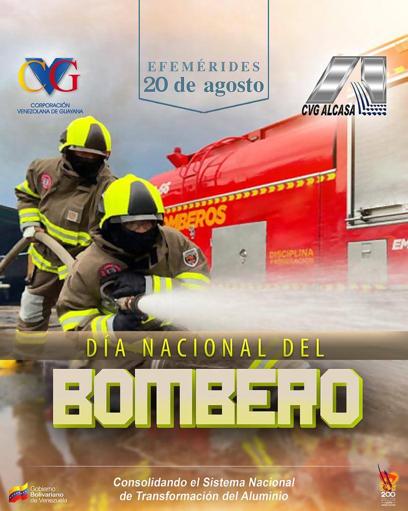 #Efeméride 📆|| Hoy, 20 de agosto, saludamos y felicitamos a los bomberos en su día.

Desde #CVGAlcasa los renocemos y extendemos el mayor de los abrazos, tanto a los que laboran en nuestra planta como a los de toda Venezuela.

¡Felicidades!

<a href="/nicolasmaduro/">Nicolás Maduro</a>