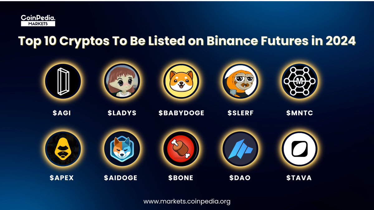 Top 10 #Cryptocurrencies Poised To Be Listed on #Binance Futures in 2024 💥🚀
Based on the votes received on Binance futures. 🔥

1. Delysium ( $AGI)
2. Milady Meme coin ( $LADYS)
3. Baby Doge Coin ( #BABYDOGE)
4. Slerf ( $SLERF)
5. Minati Coin ( $MNTC)
6. Apex Protocol ( $APEX)