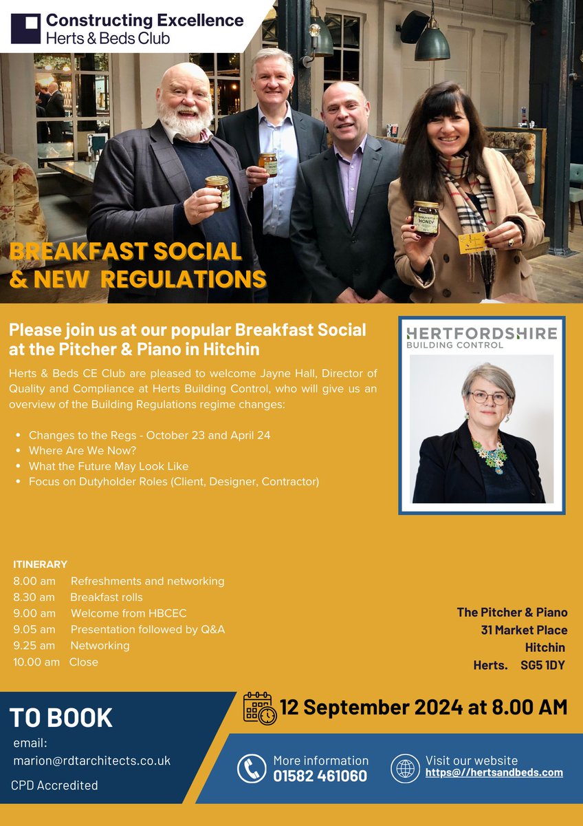 hertsbedsce's tweet image. Breakfast Social and Building Regs Update -
Thurs 12 Sept
Please see details of our next event below.  All welcome!
Please RSVP marion@rdtarchitects.co.uk
#constructing #excellence #buildingregs #hbc #herts #beds #networking #collaborating #bestpractice #productivity #innovation