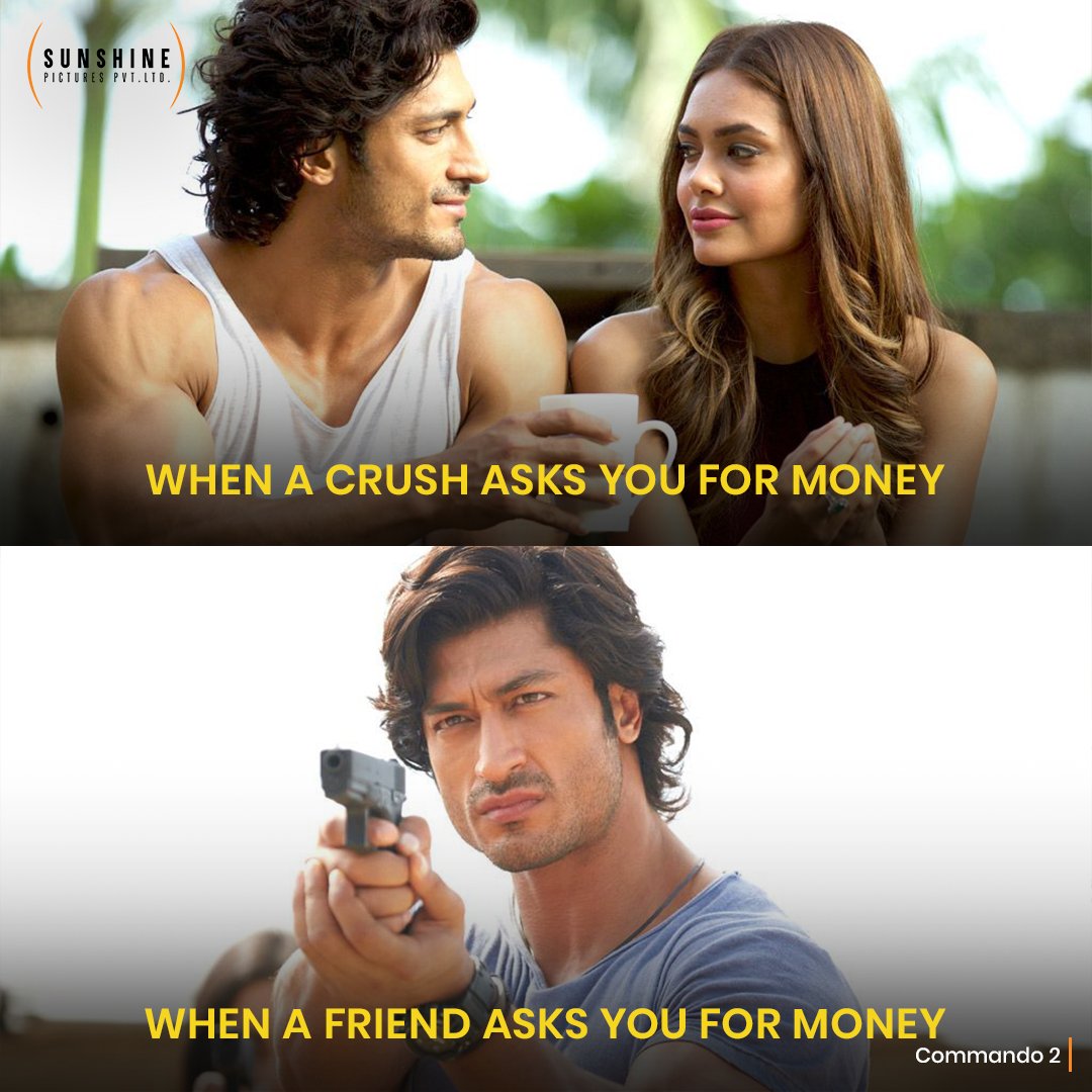 Sunshine Pictures (@sunshinepicture) on Twitter photo Giving money to a crush ๐ vs Giving money to a friend ๐ก
<a href="/VidyutJammwal/">Vidyut Jammwal</a> #EshaGupta
#VipulAmrutlalShah <a href="/Aashin_A_Shah/">Aashin A. Shah</a>
#SunshinePictures #Commando2 #VidyutJammwal #Action #Thriller #Bollywood #Movie Giving money to a crush ๐ vs Giving money to a friend ๐ก
<a href="/VidyutJammwal/">Vidyut Jammwal</a> #EshaGupta
#VipulAmrutlalShah <a href="/Aashin_A_Shah/">Aashin A. Shah</a>
#SunshinePictures #Commando2 #VidyutJammwal #Action #Thriller #Bollywood #Movie
