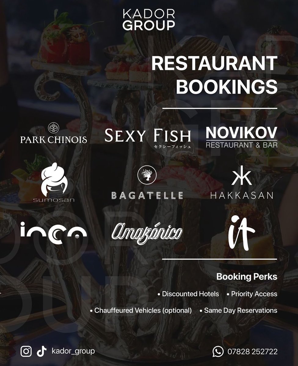 Kadorgroup's tweet photo. Our area of expertise lies in acquiring bookings at the most prestigious restaurants in London. Make your reservation with us today and ensure a smooth and enjoyable dining experience!

Message the team via Whatsapp for enquiries📲
———————————————————
07828 252722 https://t.co/QyqsDsvqkd