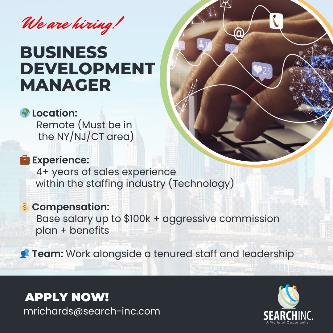 We're looking for a skilled sales professional with a passion for technology and staffing! Join a well-established firm with over 30 years of success in the industry! 

Contact: mrichards@search-inc.com to learn more.

 #TechnologySales #RemoteJob #StaffingIndustry #SearchInc