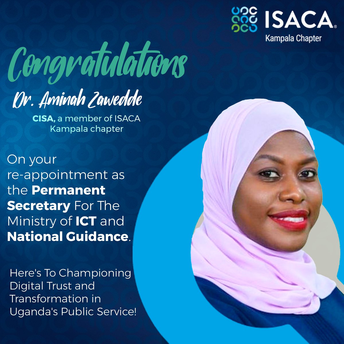 ISACA Kampala Chapter (@isacakampala) on Twitter photo Dr. Aminah Zawedde - CISA, a dedicated professional member of ISACA Kampala Chapter, has been a driving force in the pursuit of Digital Trust in Public Service. Dr. Aminah Zawedde - CISA, a dedicated professional member of ISACA Kampala Chapter, has been a driving force in the pursuit of Digital Trust in Public Service.