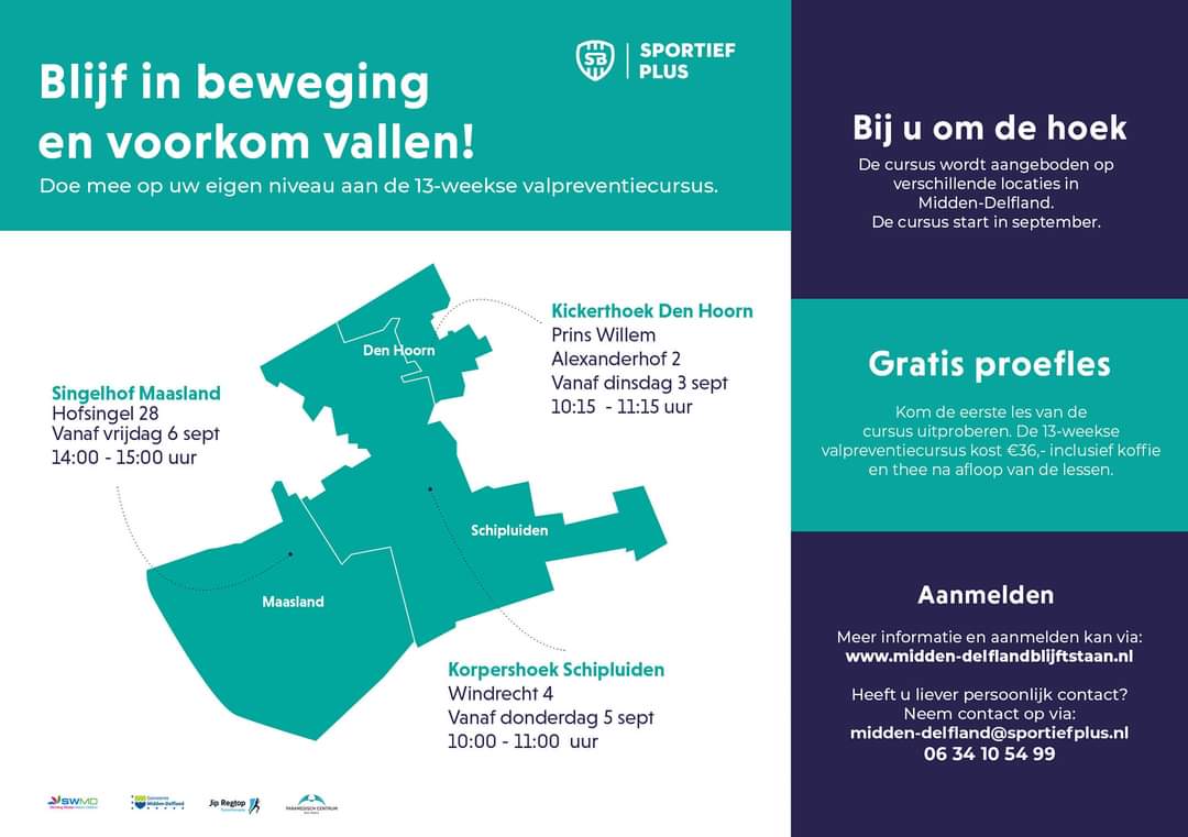 In september start de derde reeks valpreventie in drie dorpskernen. Bent u, of kent u iemand die baat zou kunnen hebben bij deze reeks lessen geeft u zich dan op. Vol=vol
Mailen naar midden-delfland@sportiefplus.nl Of bel 06-34105499
#middendelfland #sportiefplus #valpreventie