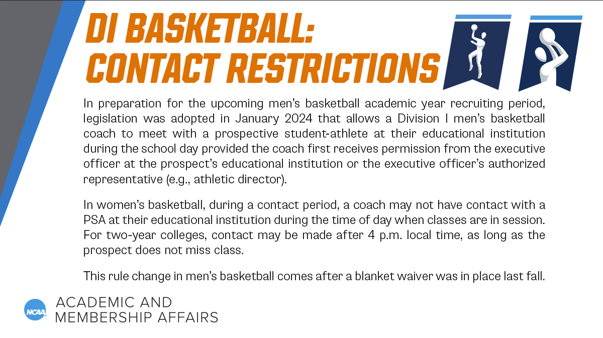 🔔Division I Basketball Coaches🔔

Check out the graphic below for info on basketball contact restrictions at specified sites - prospective student-athlete's educational institution.

Membership is encouraged to submit any questions surrounding contact restriction through RSRO.