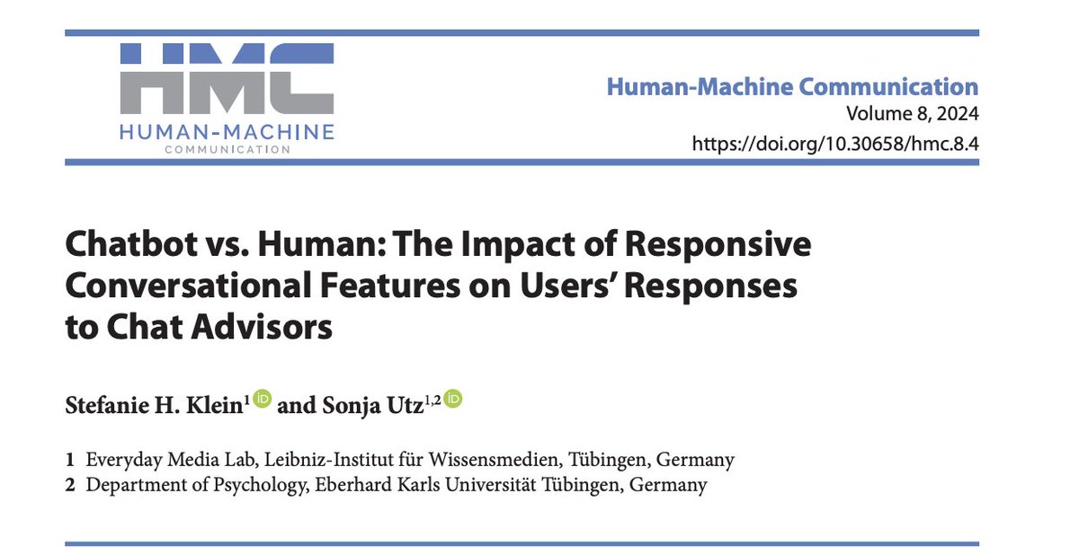 Human-Machine Communication (@hmcjournal) on Twitter photo In the latest issue, Stefanie Klein and <a href="/SonjaUtz/">Sonja Utz on Bluesky as @sonja-utz.de</a> examine the impact of responsive communication on users' responses to chat advisors. #HMC #AI In the latest issue, Stefanie Klein and <a href="/SonjaUtz/">Sonja Utz on Bluesky as @sonja-utz.de</a> examine the impact of responsive communication on users' responses to chat advisors. #HMC #AI