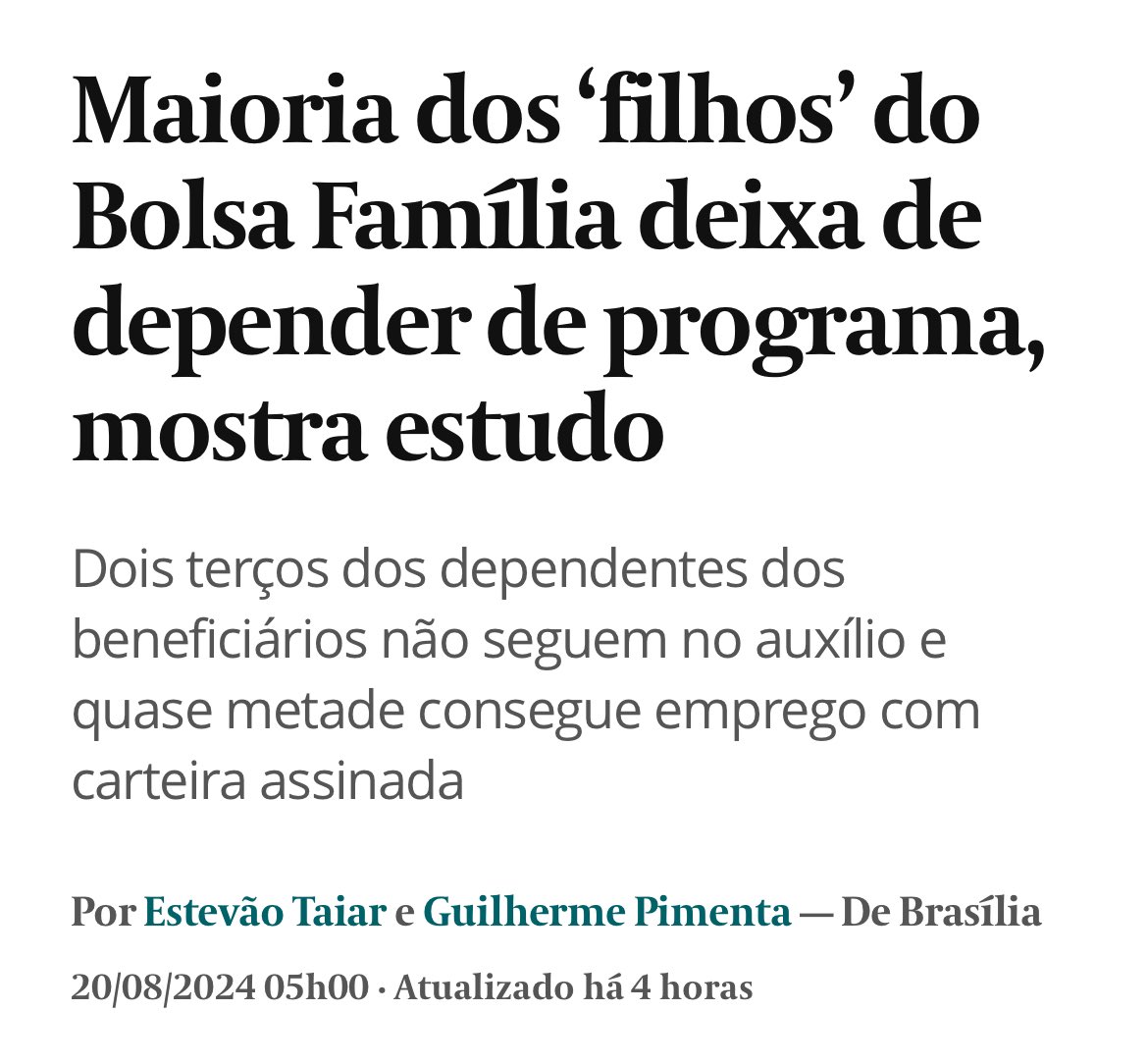 Bom dia. Pesquisas sérias mostrando o excelente resultado do Bolsa Família ao longo do tempo. É sobre reduzir a fome e a pobreza e dar oportunidades para as futuras gerações.