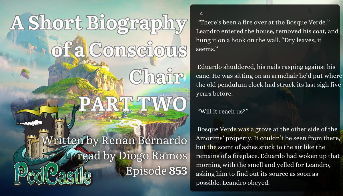 PodCastle_org's tweet photo. #PC853: A Short Biography of a Conscious Chair - PART TWO by @RenanBernardo , read by @Diogolsr. Previously published by Samovar Magazine. Rated PG. Content warning for off-screen parental death. https://t.co/n8wm30lYrT
