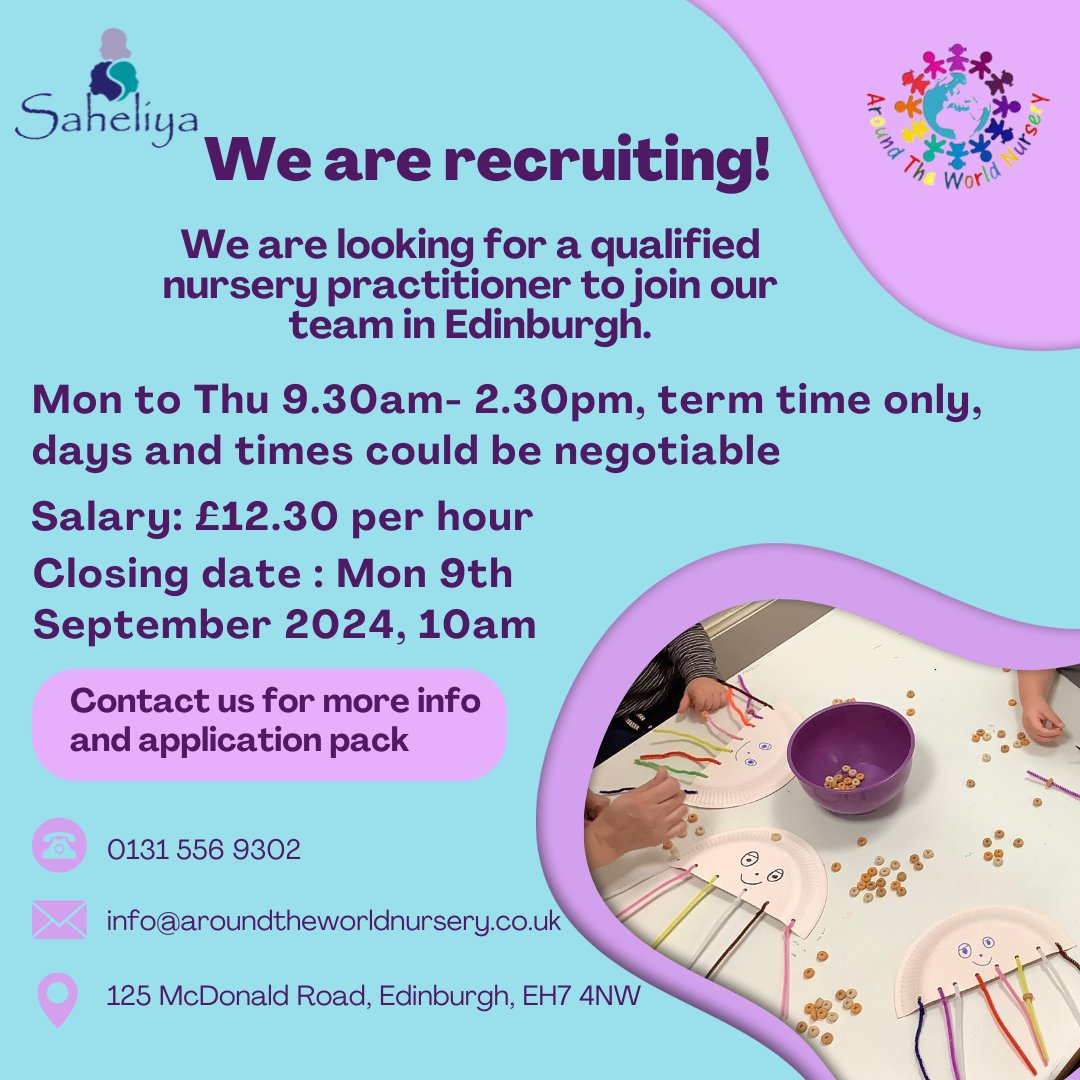 We're looking for a qualified nursery practitioner to join our Around The World Nursery team in #Edinburgh

-Mon to Thu 9.30am- 2.30pm,term time only
(days could be negotiable)
-£12.30 per hour
-Closing date: 9/9/24,10am

Contact us for more info:
info@aroundtheworldnursery.co.uk