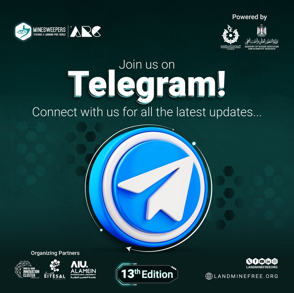 Stay Ahead of The Championship!😎

Join the Alamein Robotics Championship Telegram channel to get the latest updates, tips &amp; tricks, and more.

Don’t miss out, follow us now and be in the know! 🚀
t.me/alameinrobotics

#ARC24 #Minesweepers #13thEdition