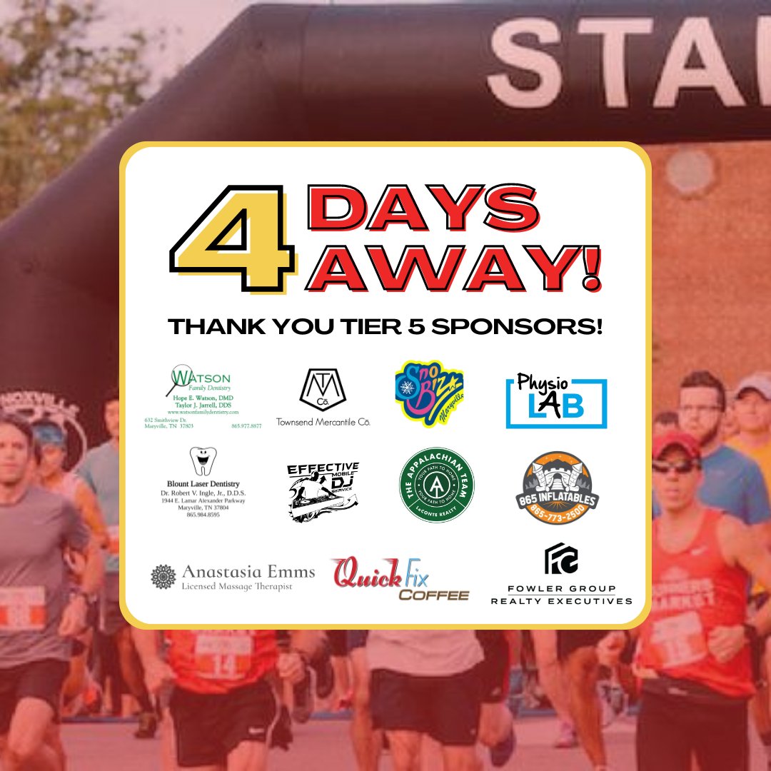 🚨 4 Days to Go! We're counting down to race day. Let's make every step count for our schools! 🏃‍♂️

Thank you to our Tier 5 sponsors for your support of our students! ⭐ 

#Miles4Maryville | #Maryville