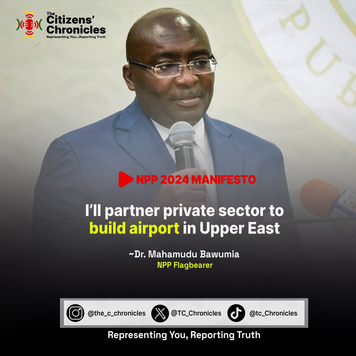 TC_Chronicles's tweet photo. NPP Flagbearer, Dr. Mahamudu Bawumia pledges to build airport in the Upper East Region of Ghana through private partnership
#NPP2024ManifestLaunch #NPP #TCC https://t.co/p3HQjVLQyR