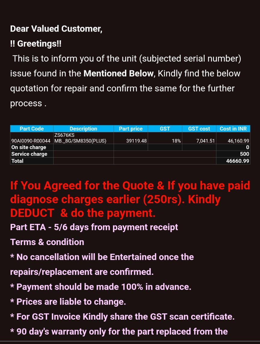 Neerajs241's tweet photo. I bought Asus Rog 5s in 2021 costing 40k and since then it was working perfectly until yesterday phone turned off by itself after contacting asus, they provided me with a number and location where the repair asus products after diagnosis they sent me this quotation board issue :( https://t.co/KfQ3bwbLaC