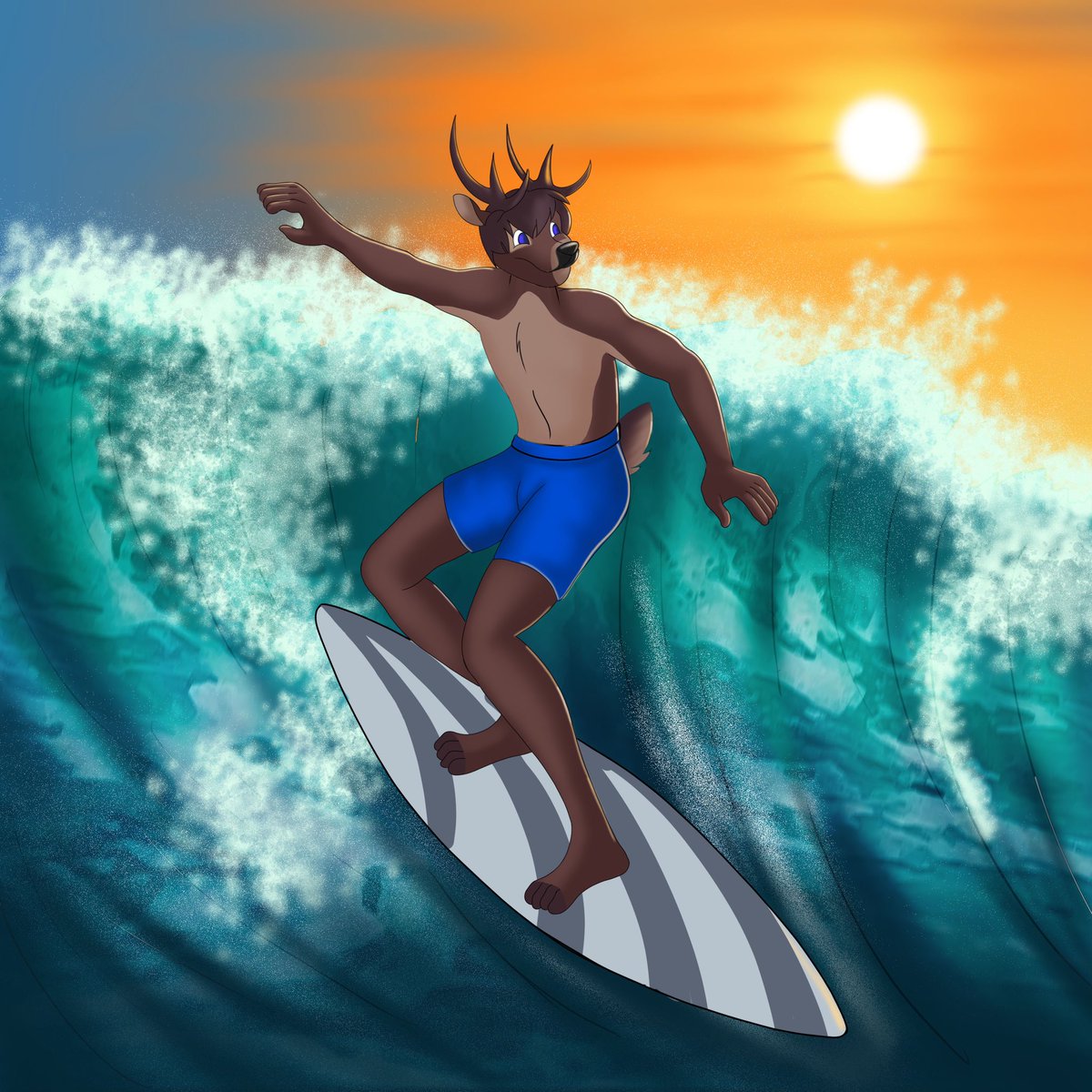 RentonWhitetail's tweet photo. Had this art commission completed by @_JadeInArt recently. It shows Renton hitting the waves and enjoying it in the process. 😎 https://t.co/gAW7ekDqRw