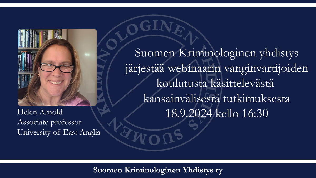 Kriminologia_ry's tweet photo. Kriminologinen yhdistys järjestää webinaarin vanginvartijoiden koulutusta käsittelevästä kansainvälisestä tutkimuksesta 18.9. kello 16:30.

Puhujana apulaisprofessori Helen Arnold East Anglian yliopistosta @uniofeastanglia.

Lisätietoa: https://t.co/hJXGGoYEyz

🔔@rikosseuraamus https://t.co/phsMlfA3zJ