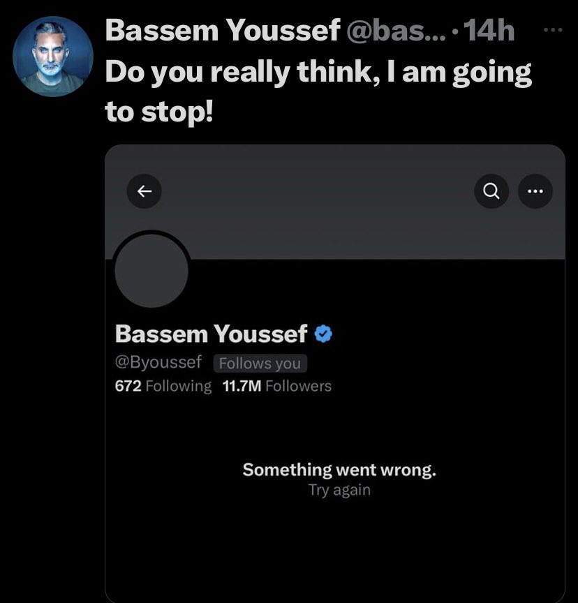 drisshajer's tweet photo. تويتر أو "X" المنصّة الوحيدة التي لا تحذف شيئا مما ينشر عن غزة وتدّعي حرية التعبير ولكنها تحذف الكونتات التي تهدد بطريقة مباشرة الكيان وما يسعي إليه!
Hi @elonmusk what happened to your free speech!? No more free speech?! 
@bassem_youssef9 relaunch.... https://t.co/kTWXV91K40