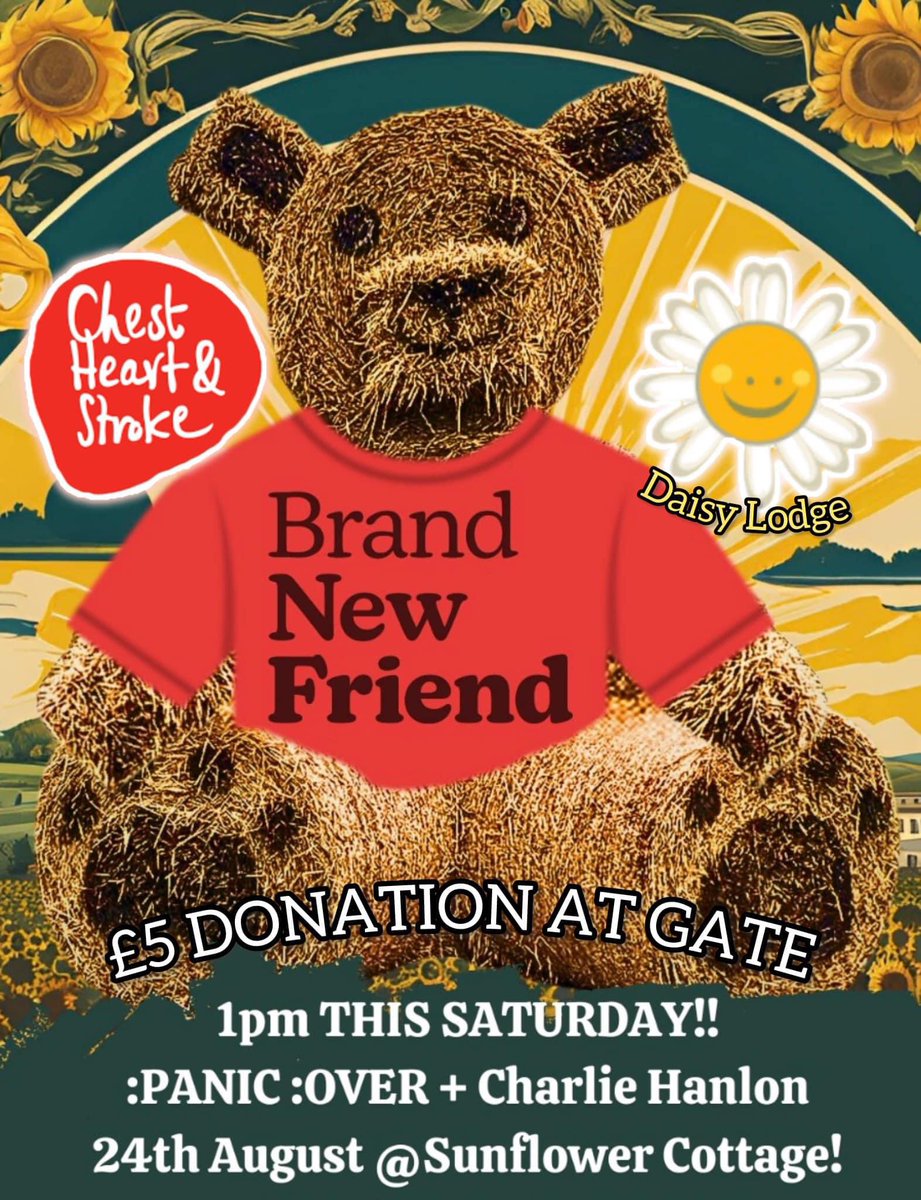 We are thrilled to be headlining Sunflower Cottage Festival this Saturday 24th August alongside Panic Over and Charlie Hanlon.

Tickets £5, with all funds going to Northern Ireland Chest Heart and Stroke and Cancer Fund for Children ❤️🌻 

See you there. 

- brand new friend x
