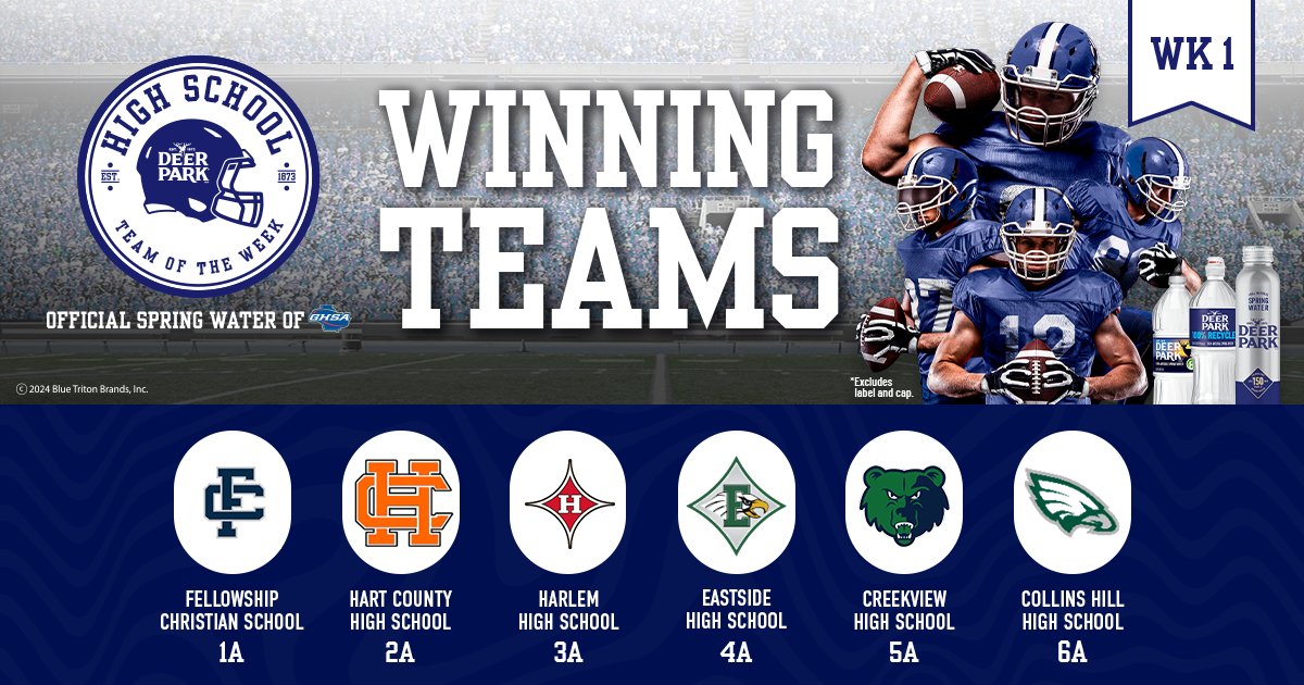 GHSA (@officialghsa) on Twitter photo Congratulations to the Week 1 Deer Park Team of the Week winners! @DeerParkWTRđđ
1A - <a href="/PaladinsFCS/">Fellowship Christian Athletics</a>
2A - <a href="/hartcountyfb/">Hart County Football</a>
3A - #HarlemHS
4A - <a href="/EHS_Eagles/">Eastside High School</a>
5A - <a href="/FtballAtTheView/">Creekview Grizzly Football</a>
6A - <a href="/CollinsHillFB/">Collins Hill Eagles Football</a> Congratulations to the Week 1 Deer Park Team of the Week winners! @DeerParkWTRđđ
1A - <a href="/PaladinsFCS/">Fellowship Christian Athletics</a>
2A - <a href="/hartcountyfb/">Hart County Football</a>
3A - #HarlemHS
4A - <a href="/EHS_Eagles/">Eastside High School</a>
5A - <a href="/FtballAtTheView/">Creekview Grizzly Football</a>
6A - <a href="/CollinsHillFB/">Collins Hill Eagles Football</a>