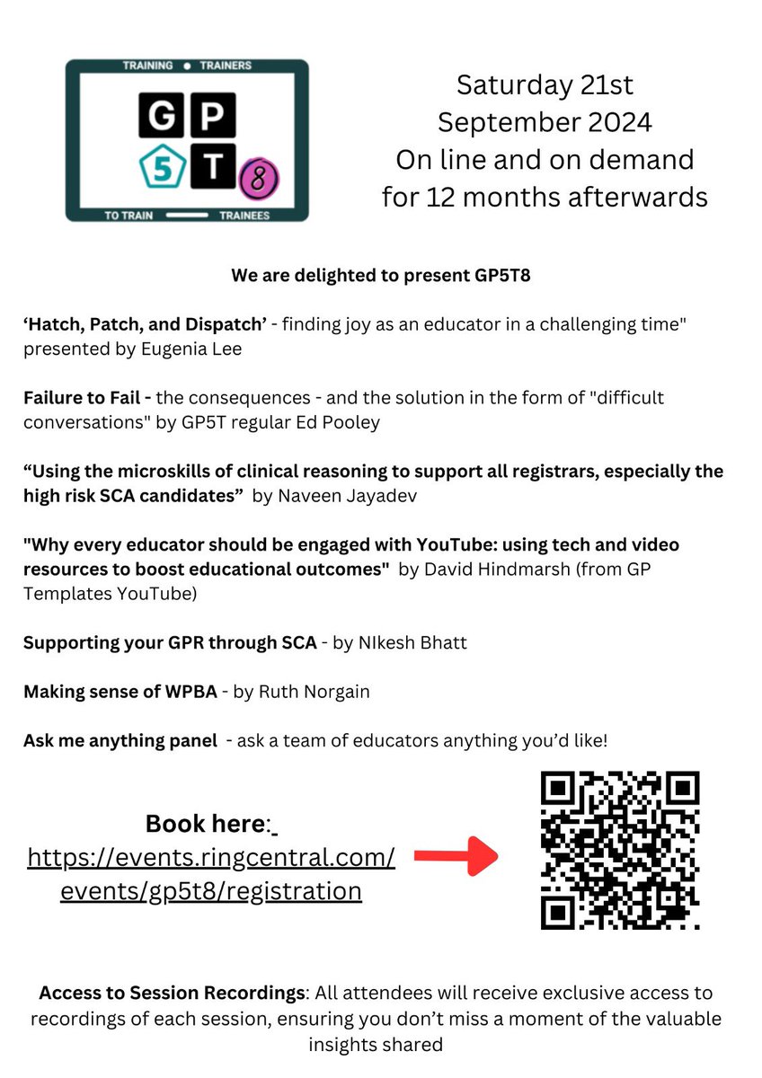 GP5T8 is only a month away. Featuring some great national speakers.  A total bargain at £37 a ticket - all online and recorded to be on demand later #MedEd #GPTraining

booking here: events.ringcentral.com/events/gp5t8/r…