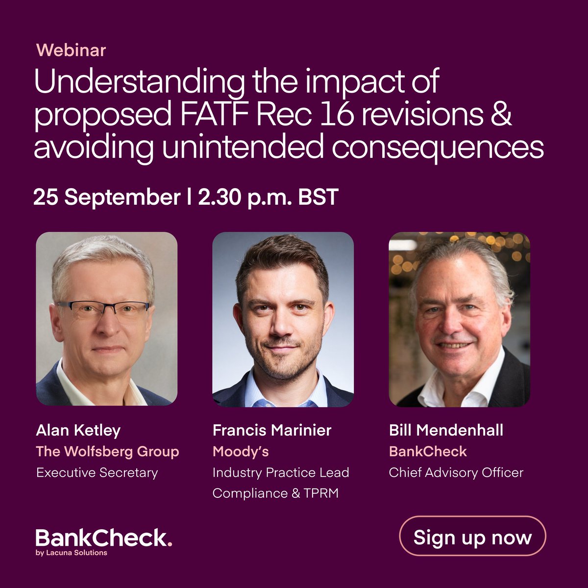 BankCheck (@bankcheck_) on Twitter photo Join our upcoming webinar on September 25 to gain valuable insights and perspectives on the proposed changes to the FATF Recommendation 16 and how they could affect the financial sector. Sign up now! #FATF #recommendation16 #travelrule #financialcrime #compliance Join our upcoming webinar on September 25 to gain valuable insights and perspectives on the proposed changes to the FATF Recommendation 16 and how they could affect the financial sector. Sign up now! #FATF #recommendation16 #travelrule #financialcrime #compliance