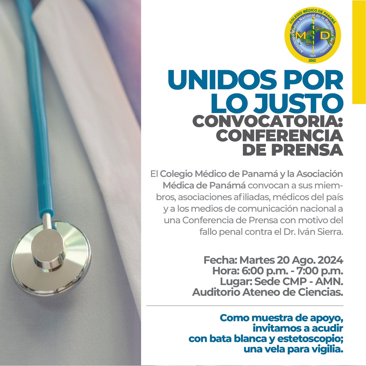 Conferencia de prensa del Colegio Médico sobre el caso del Dr. Iván Sierra, hoy en Auditorio del Ateneo de Ciencias. Todos los médicos invitados!