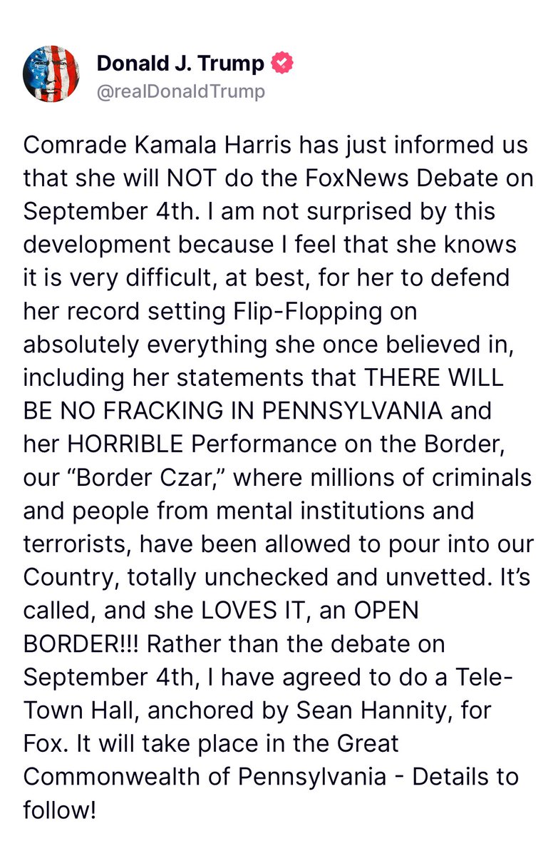 RobPligrimSr's tweet photo. Kamala Harris is AFRAID to debate President @realDonaldTrump on Fox‼️
#ChickenshitHarris
#ComradeHarris
#DemocratShitshow
@AppSame @JewelsJonesLive @Jules31415 @toni_hs101 @Pennsy20 @redhead2eagle @MomOfPearl13 @MarieMagdalene8 @AConservativeDa @jjrsvl https://t.co/GqGhmiNvXJ