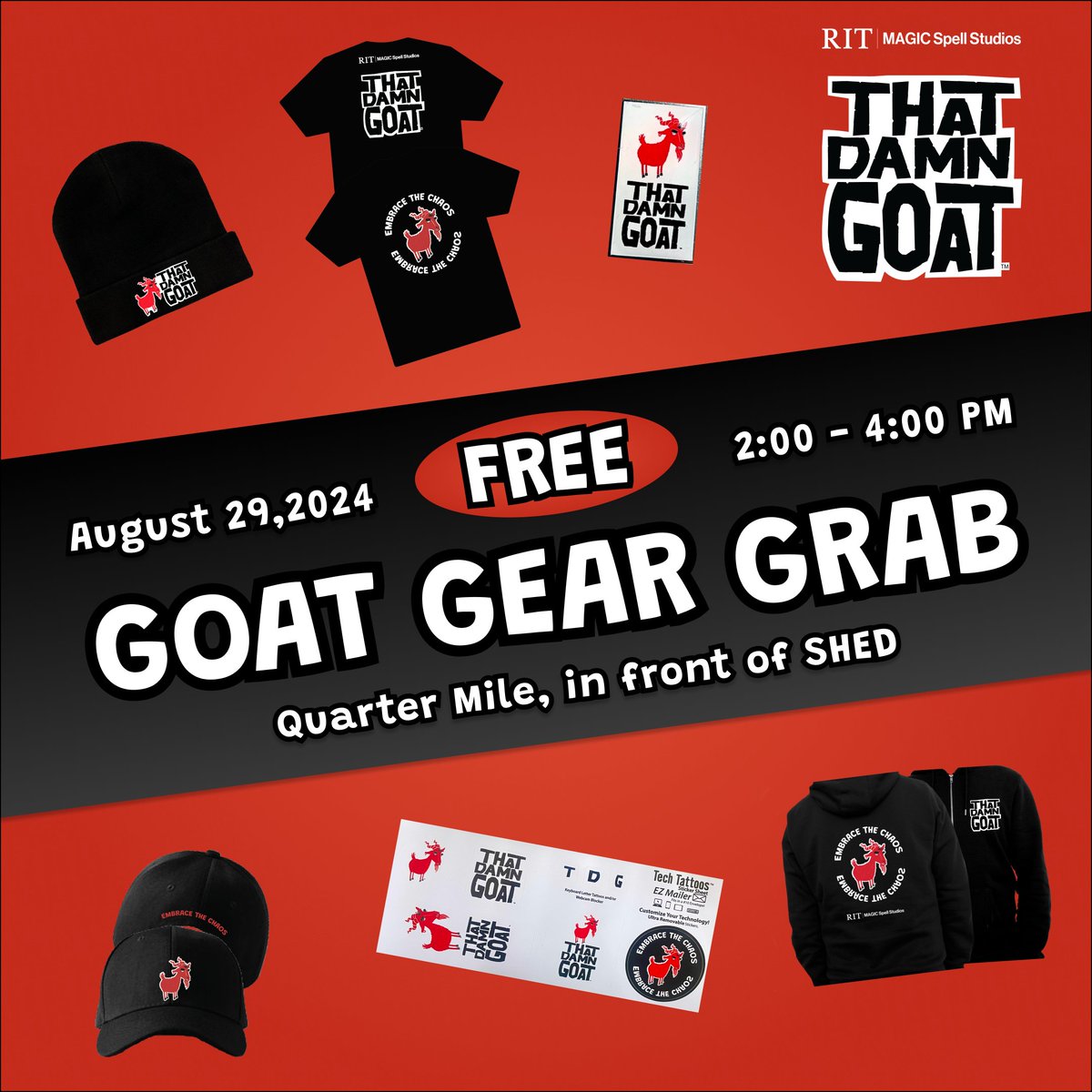 RITMAGIC's tweet photo. 🥳 FREE MERCH!! 🥳  Want to represent That Damn Goat??  We will be handing out FREE shirts, hats, hoodies and more on August 29th from 2-4pm in front of the SHED!!  If it's raining, catch us inside of SHED's atrium!!  See you there!  🐐🐐🐐 https://t.co/VagfnTfWKg