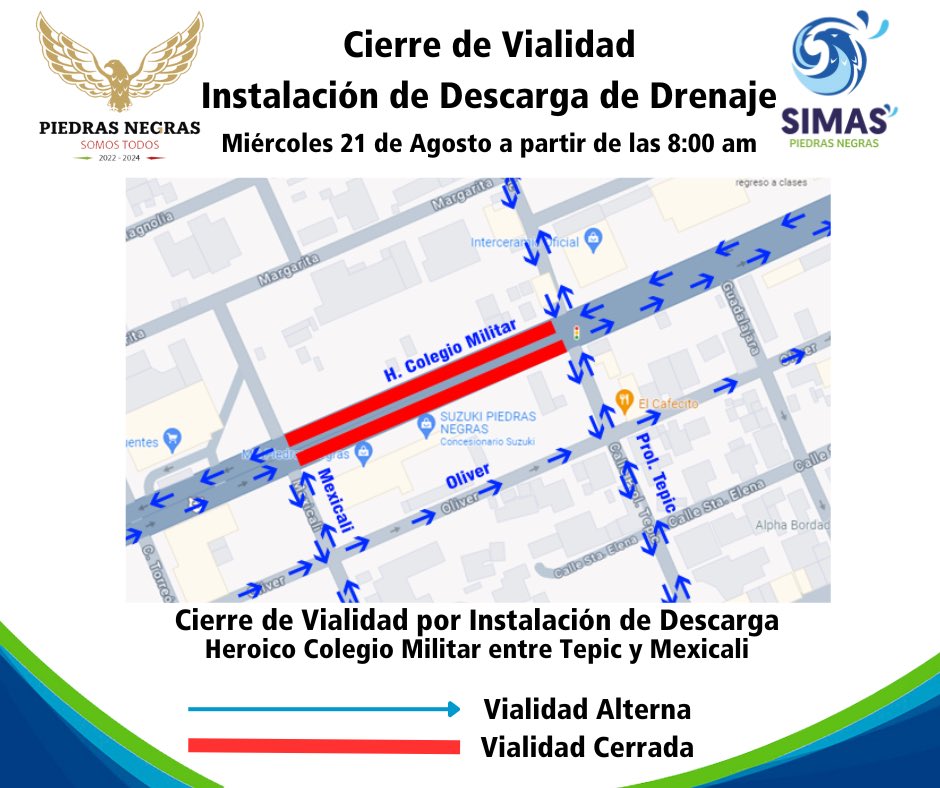🚧Compartimos información sobre cierre de vialidad por instalación de descarga de drenaje. 

🚧Los trabajos se realizarán el día de mañana miércoles 21 de agosto a las 8:00 am.

#PiedrasNegras #Coahuila #PiedrasNegrasCoahuila