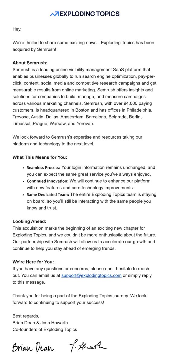 howjosh's tweet image. Super excited to share that Exploding Topics has been acquired by Semrush!

From just a small bootstrapped indiehacker project 5yrs ago, to fully featured trends platform and acquisition today.

Unbelievably proud of where we&apos;ve come!