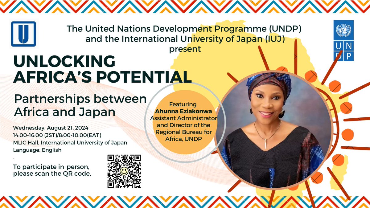 🗓️ 21 Aug.
📍 <a href="/IUJ_en/">Int'l University of Japan</a> | Hybrid  
🔗 Register: bitly.cx/QiMP

Join us to discuss the future of #JapanAfrica partnerships, w/ UNDP Africa Dir. <a href="/ahunnaeziakonwa/">Ahunna Eziakonwa</a>.

#TICAD9