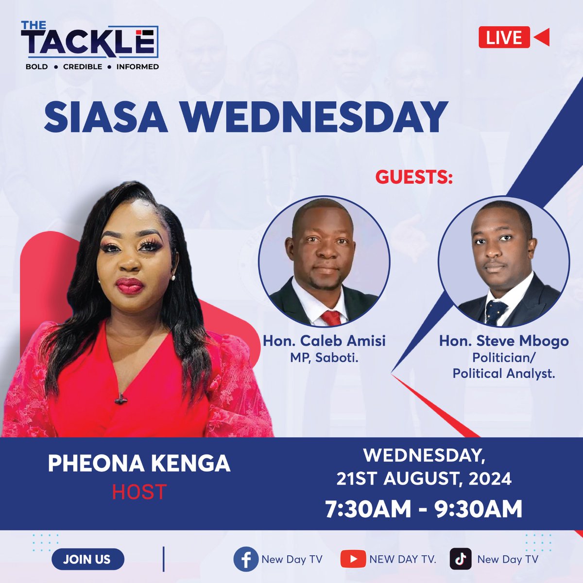 New Day TV (@thetackleke) on Twitter photo Is ODM in government or have they only lent out to the government some of their brilliant minds ? This and much more on #THETACKLE Siasa Wednesday.
See you at 7:30 am
Let's get political with <a href="/hon_stevembogo/">Hon.SteveMbogo</a>
<a href="/Honcalebamisi/">Hon. Caleb Amisi, MP</a> hosted by <a href="/pheonak/">Pheona Kenga™</a>
#SiasaWednesday #POLITICSke #NewdayTV Is ODM in government or have they only lent out to the government some of their brilliant minds ? This and much more on #THETACKLE Siasa Wednesday.
See you at 7:30 am
Let's get political with <a href="/hon_stevembogo/">Hon.SteveMbogo</a>
<a href="/Honcalebamisi/">Hon. Caleb Amisi, MP</a> hosted by <a href="/pheonak/">Pheona Kenga™</a>
#SiasaWednesday #POLITICSke #NewdayTV