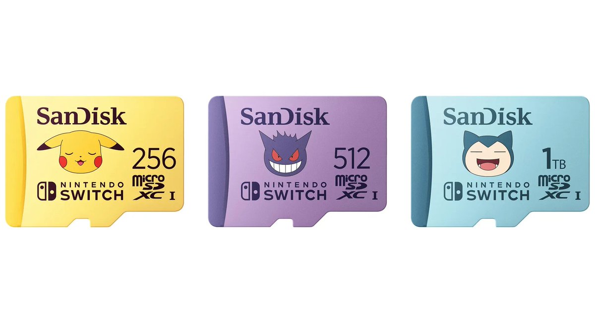 danielreen's tweet photo. A Sandisk vai lançar uma nova linha de Micro SD para Nintendo Switch dessa vez com estampas do Pokémon. São estes 3 modelinhos (achei bem legal que colocaram o Snorlax no de 1TB).

256GB por $32.99
512GB por $54.99
1TB por $129.99

Lembrando que esses cartões "para Switch" é igual a um cartão comum, só é mais bonito mesmo....