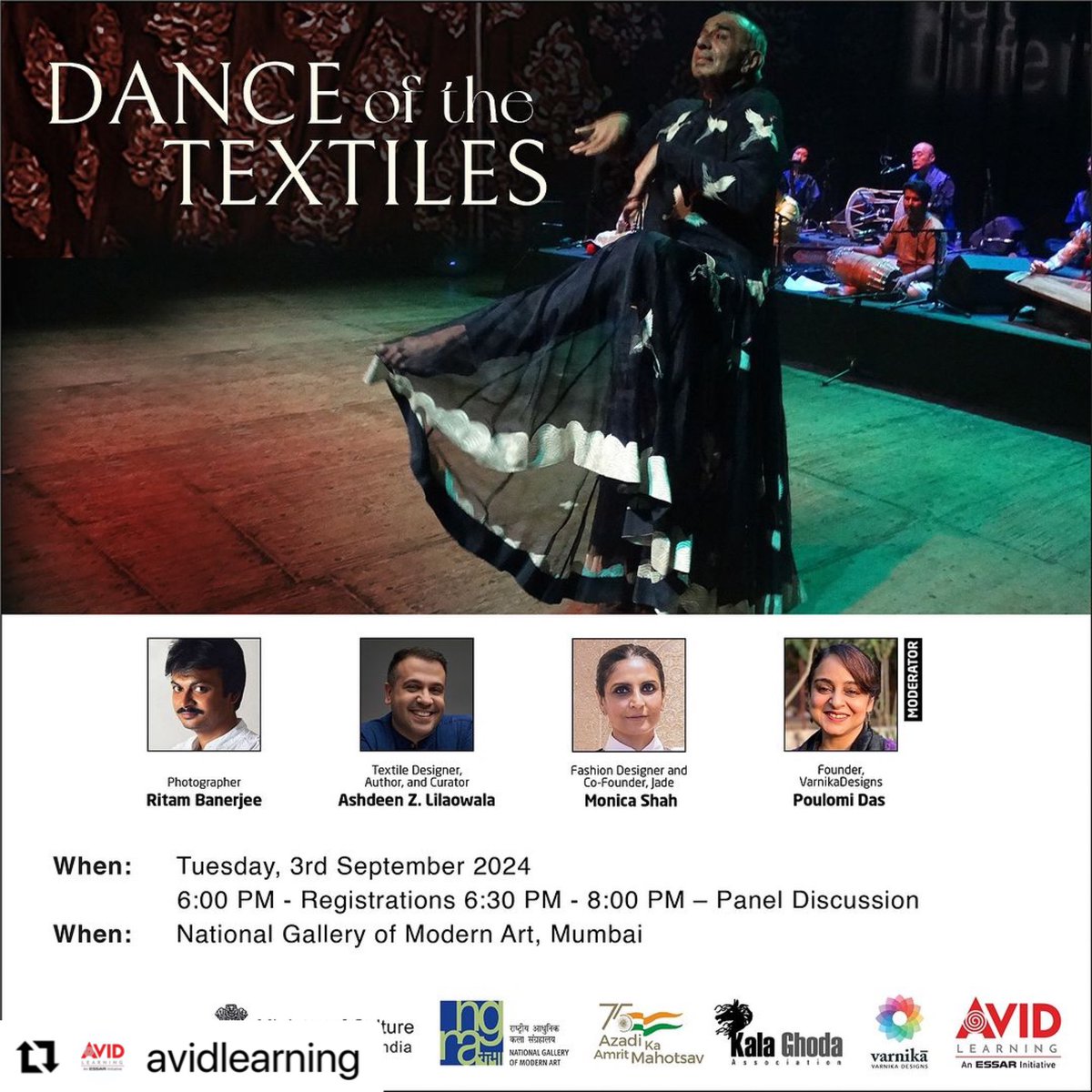 ritambanerjee's tweet photo. Avid Learning (@AvidLearning ), the National Gallery of Modern Art, Mumbai (@mumbai_ngma ), Ministry of Culture, Government of India (@ministryofculturegoi)  VarnikaDesigns (@varnikadesigns), &amp; the Kala Ghoda Association (@kgafest) presents “Dance of the Textiles” on Tue, Sept 3 https://t.co/n0STNJmAGf