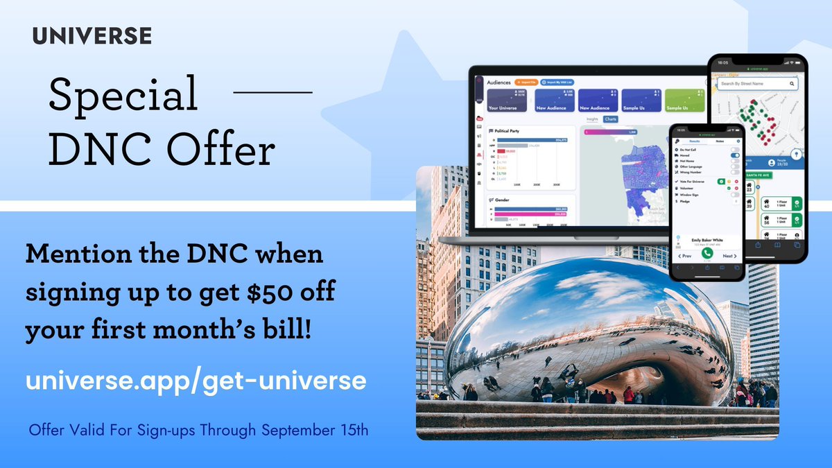 Day two of the #DemConvention is here and we have a special offer for any campaigns looking to do outreach this cycle→ $50 off your first month when you sign up before September 15th and mention the DNC! Learn more, get a demo, and sign up at universe.app/dnc