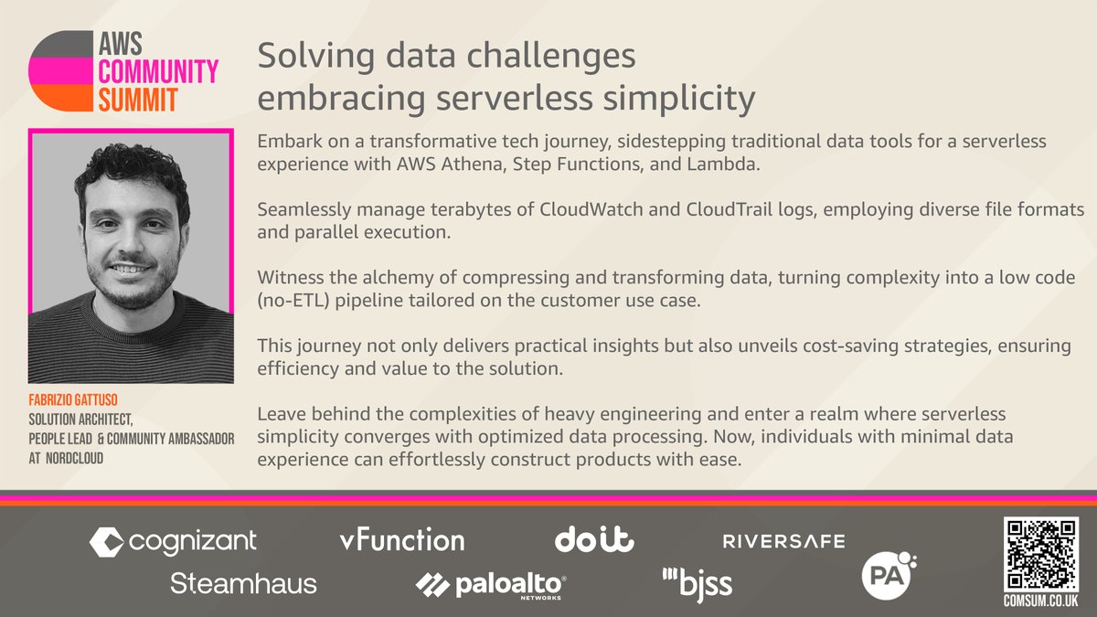 aws community summit (@awscomsum) on Twitter photo Talks! We're sharing abstracts from our speakers in the run up to next month's Comsum.
Today we've got <a href="/GattusoFabrizio/">Fabrizio Gattuso</a>.
Catch him in the Architects Track. #comsum
Supported by:
<a href="/Cognizant/">Cognizant</a> <a href="/v_function/">vFunction</a> <a href="/SteamhausMCR/">Steamhaus</a> <a href="/PaloAltoNtwks/">Palo Alto Networks</a> <a href="/doitint/">DoiT</a> <a href="/PA_Consulting/">PA Consulting</a> <a href="/BJSSLtd/">BJSS</a> <a href="/RiverSafeUK/">RiverSafe</a> Talks! We're sharing abstracts from our speakers in the run up to next month's Comsum.
Today we've got <a href="/GattusoFabrizio/">Fabrizio Gattuso</a>.
Catch him in the Architects Track. #comsum
Supported by:
<a href="/Cognizant/">Cognizant</a> <a href="/v_function/">vFunction</a> <a href="/SteamhausMCR/">Steamhaus</a> <a href="/PaloAltoNtwks/">Palo Alto Networks</a> <a href="/doitint/">DoiT</a> <a href="/PA_Consulting/">PA Consulting</a> <a href="/BJSSLtd/">BJSS</a> <a href="/RiverSafeUK/">RiverSafe</a>