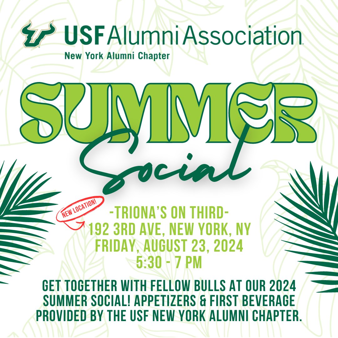 USFNYC's tweet photo. Location Change! 🥳 Our 2024 Summer Social is now at Triona's on Third! Join fellow Bulls for fun, networking, and your first drink on us, this Friday (8/23)! 🍻 Friends &amp; family welcome. RSVP here: https://t.co/hJNqdHVEgr #USFAlumni #GoBulls https://t.co/VEQyDMZ35Q