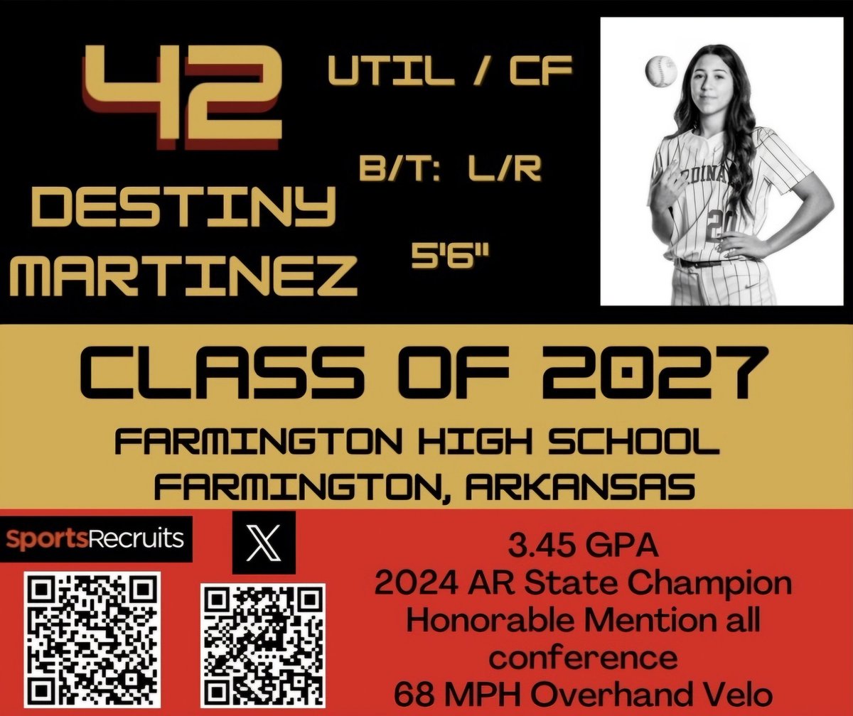 Destiny Martinez (@destinym_42) on Twitter photo Thank you <a href="/TGETalent/">Top Gun Events-Talent</a> for the invite to the Top Gun Power 50 Prospects!
<a href="/TopGunEvents/">Top Gun Events</a> <a href="/DICKS/">DICK'S Sporting Goods</a>
<a href="/CoastRecruits/">Coast 2 Coast Recruits</a> <a href="/CoastRecruitsSB/">Coast Recruits 🥎</a> <a href="/QrRecruiter/">QR RECRUITER</a> <a href="/tagupSoftball/">tagup</a> <a href="/TOP_D1RECRUITS/">Softball Top Preps Retweet</a> <a href="/tp_softball/">Coach Sunil Sunder Raj-Softball Player Interviews</a> <a href="/nxt1sports/">NXT 1</a> <a href="/ASTSprts/">Arkansas Small Town Sports</a> <a href="/SoftballDown/">Down South Softball</a> <a href="/Sports_Recruits/">SportsRecruits</a>
<a href="/SportPrepX/">SportPrepX</a>
<a href="/ar_prime_sb/">ARPrimeSB</a> <a href="/EpicFastpitchO/">EpicFastpitch.org</a> Thank you <a href="/TGETalent/">Top Gun Events-Talent</a> for the invite to the Top Gun Power 50 Prospects!
<a href="/TopGunEvents/">Top Gun Events</a> <a href="/DICKS/">DICK'S Sporting Goods</a>
<a href="/CoastRecruits/">Coast 2 Coast Recruits</a> <a href="/CoastRecruitsSB/">Coast Recruits 🥎</a> <a href="/QrRecruiter/">QR RECRUITER</a> <a href="/tagupSoftball/">tagup</a> <a href="/TOP_D1RECRUITS/">Softball Top Preps Retweet</a> <a href="/tp_softball/">Coach Sunil Sunder Raj-Softball Player Interviews</a> <a href="/nxt1sports/">NXT 1</a> <a href="/ASTSprts/">Arkansas Small Town Sports</a> <a href="/SoftballDown/">Down South Softball</a> <a href="/Sports_Recruits/">SportsRecruits</a>
<a href="/SportPrepX/">SportPrepX</a>
<a href="/ar_prime_sb/">ARPrimeSB</a> <a href="/EpicFastpitchO/">EpicFastpitch.org</a>