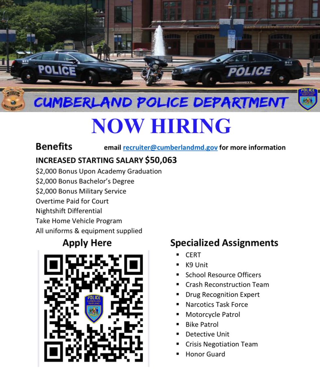 Applications are still being accepted!

To obtain an application they may be picked up at city hall, the police department, via email, or by following this link: cumberlandmd.gov/DocumentCenter…

Applications MUST be received by Cumberland City Hall, Human Resources Department, by 8/30/24