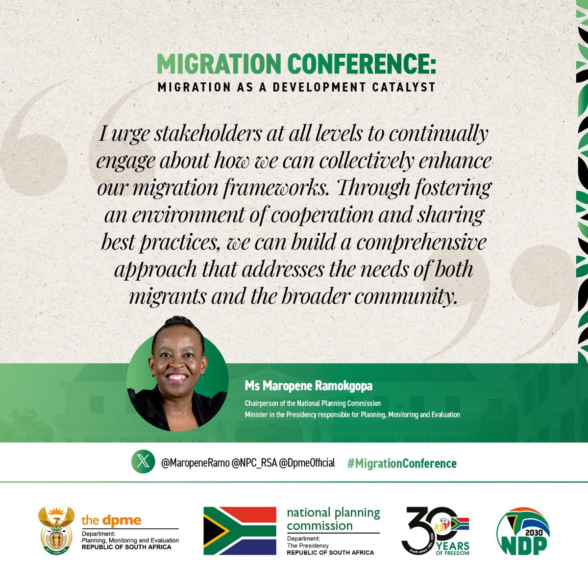 DpmeOfficial's tweet photo. HIGHLIGHTS 2/2

Keynote address by our Minister, Ms @MaropeneRamo, in her capacity as Chairperson of the @NPC_RSA, during the #MigrationConference which is co-hosted by the NPC, @IOMROpretoria &amp; @UNDPSouthAfrica. https://t.co/yjoZWVENLH
