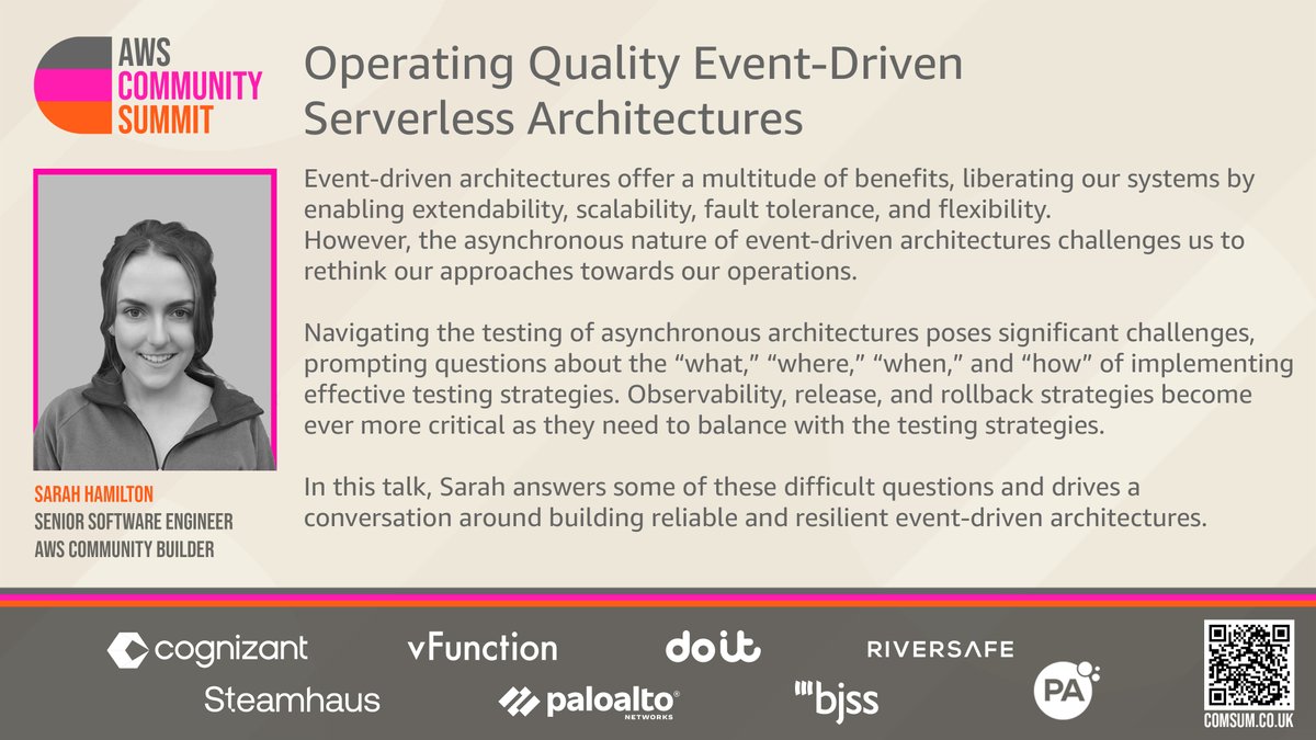 aws community summit (@awscomsum) on Twitter photo Talks! We're sharing abstracts from all our speakers in the run up to next month's Comsum.
Today we've got @serverlesssarah. Catch her in the Architects Track. #comsum
Supported by
<a href="/Cognisant/">Cognisant</a> @vFunction @Steamhaus <a href="/PaloAltoNtwks/">Palo Alto Networks</a> <a href="/doitint/">DoiT</a> <a href="/PA_Consulting/">PA Consulting</a> <a href="/BJSSLtd/">BJSS</a> <a href="/RiverSafeUK/">RiverSafe</a> Talks! We're sharing abstracts from all our speakers in the run up to next month's Comsum.
Today we've got @serverlesssarah. Catch her in the Architects Track. #comsum
Supported by
<a href="/Cognisant/">Cognisant</a> @vFunction @Steamhaus <a href="/PaloAltoNtwks/">Palo Alto Networks</a> <a href="/doitint/">DoiT</a> <a href="/PA_Consulting/">PA Consulting</a> <a href="/BJSSLtd/">BJSS</a> <a href="/RiverSafeUK/">RiverSafe</a>